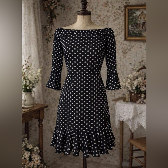 Topshop Dresses & Skirts - Topshop Black & White Polkadot, Off The Shoulder, Ruffle, Flare Sleeve Dress